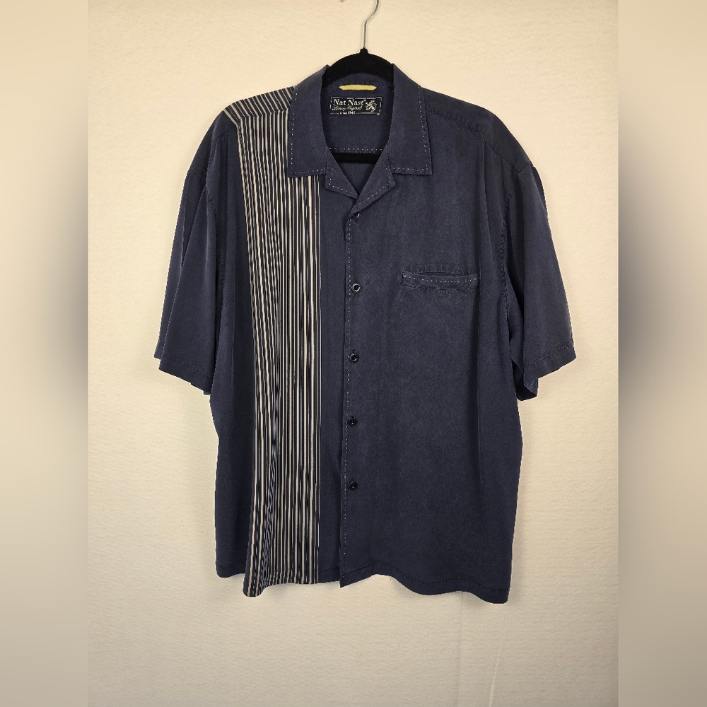 NAT NAST BLUE SHORT SLEEVE BUTTON SILK CAMP SHIRT. MENS XL - Picture 2 of 9